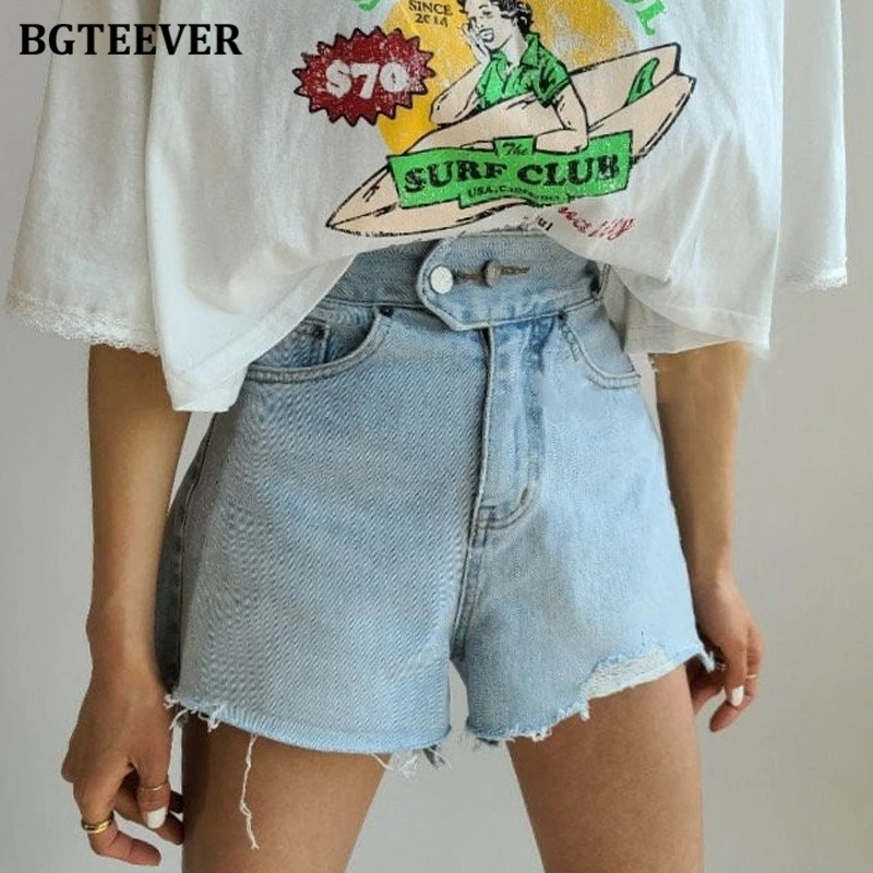 

BGTEEVER High Waist Double Button Jeans Shorts for Women 2020 New Summer Chic Ripped Edge Female Denim Shorts Casual Bottoms