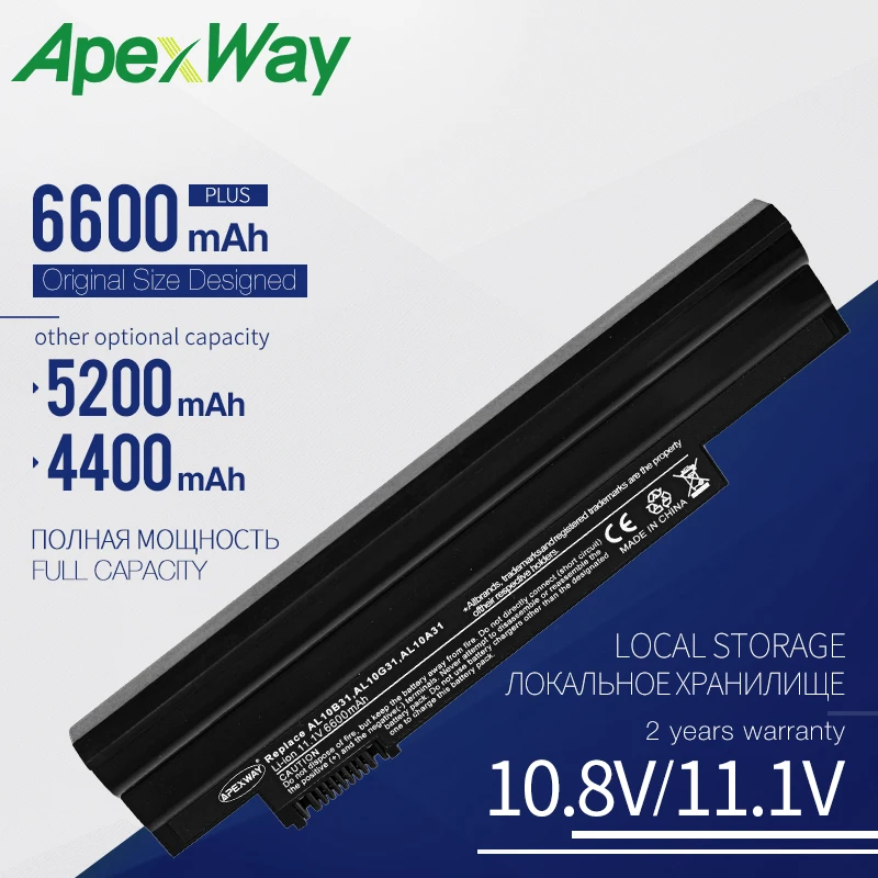 

Аккумулятор Apexway 11,1 В для ноутбука acer AL10A31 AL10B31 AL10G31 Aspire One D255 D260 D270 522 722 AOD255 AOD257 AOD260, черный