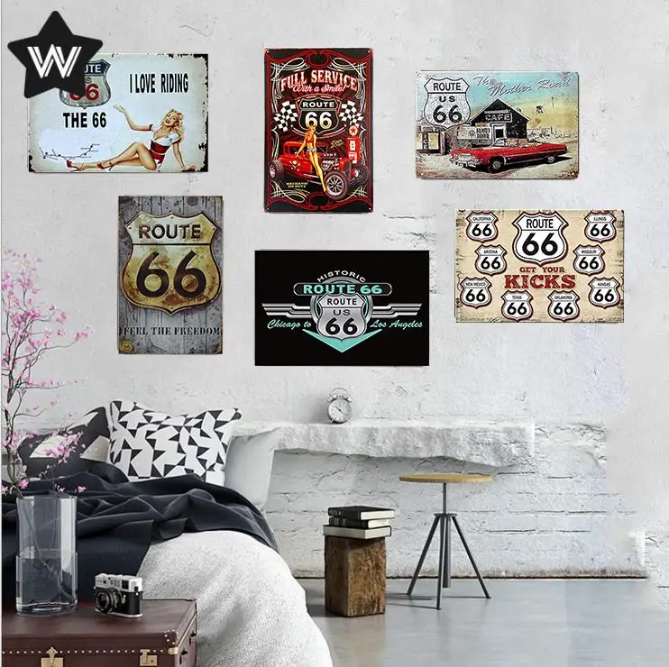 

Route 66 Metal Tin Sign USA Vintage Tin Plate Metal Poster Retro Style Wall Stickers Shabby Metal Plaque for Man Cave Club Decor