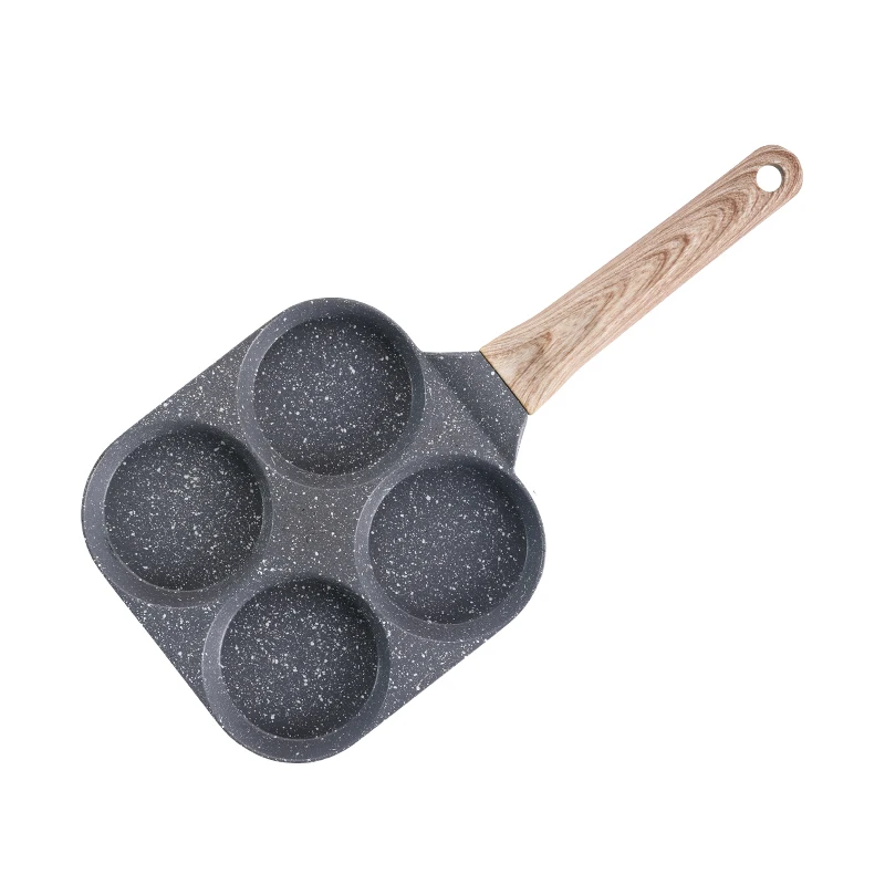 

4 Holes Egg Frying Pan Multifunction Hamburger Steak Non Stick Pan High Quality Wooden Handle Cooking Pan Cooking Utensils