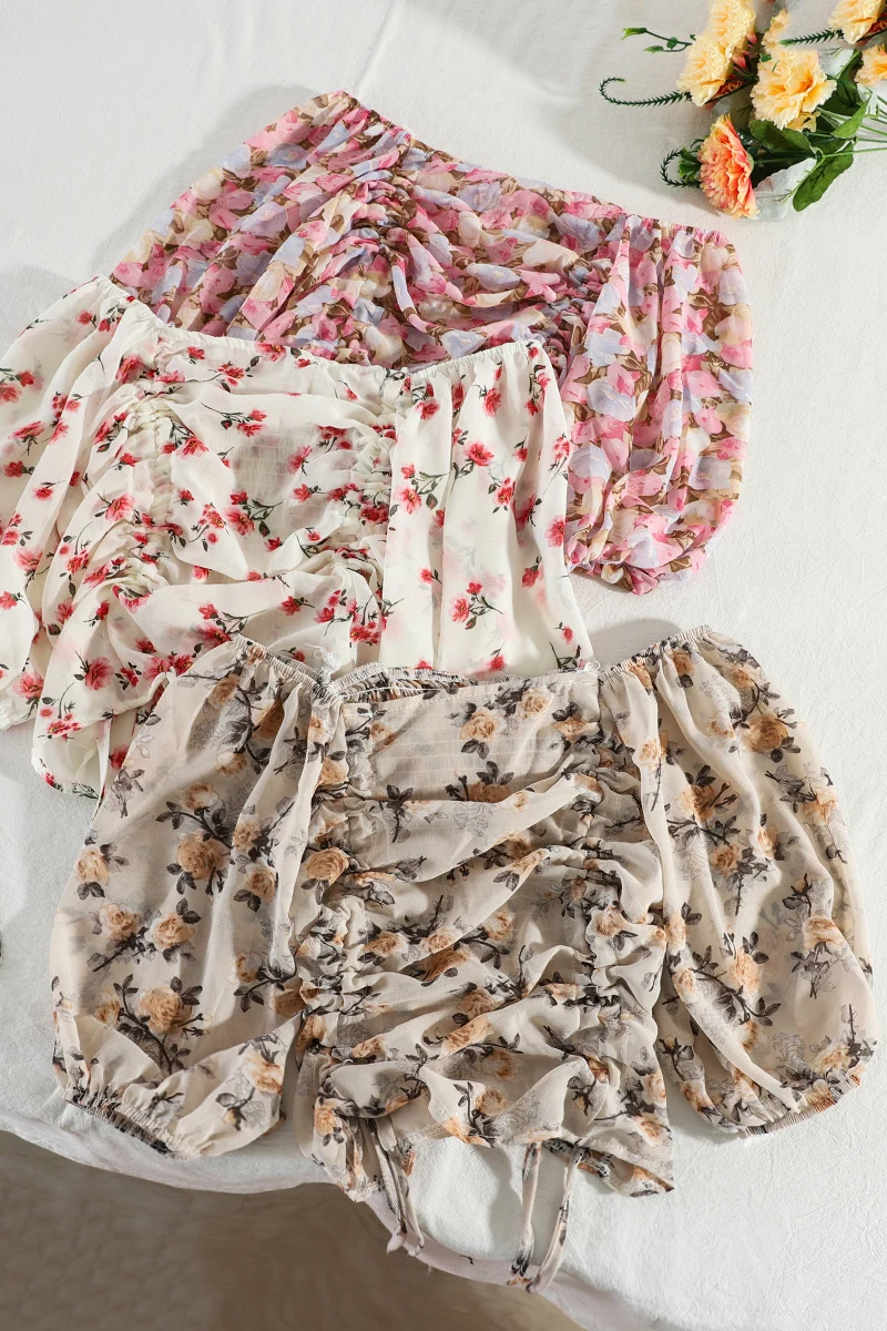 

Sweet All-Matching Printed Design Double Drawstring Ruffle Lace-up Women's Slim Fit Chiffon Shirt Summer Trendy Top 0467