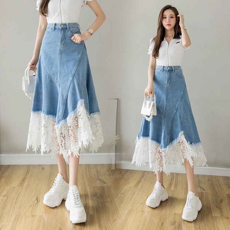 

Womens Fashion Lace Pactchwork Denim Skirts Elegant High Waist A-Line Long Skirt Holiday Style Female Casual Jean Skirts