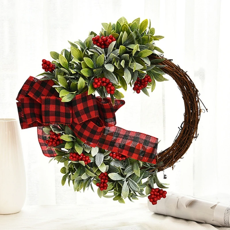 

N1HF Christmas Artificial Red Berries Wreath Green Leaves Bow Garland Xmas Decoration