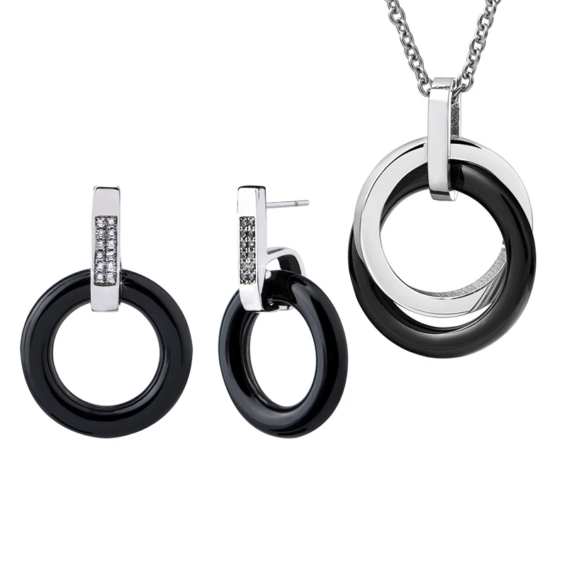 Серьги женские керамические черные белые с двойной круглой подвеской наборы