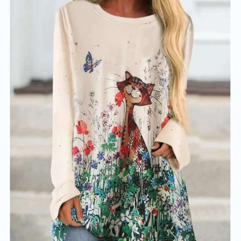 

2020 Autumn Cat Print Long Sleeve O Neck Women T-shirt Fashion Solid Color Cartoon Print Loose Tops