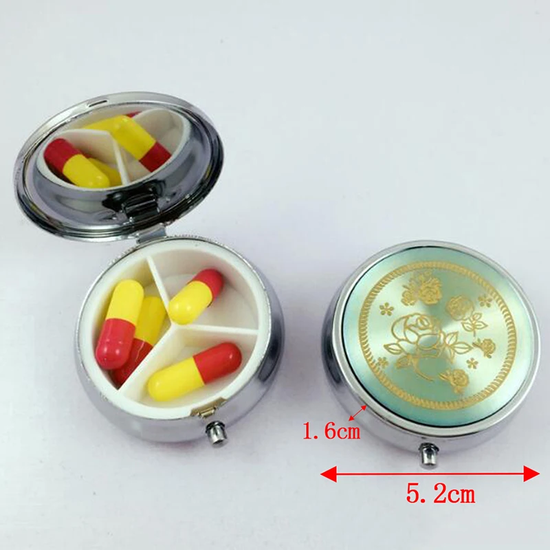 

Metal Round Flower Print Folding Pill Case Medicine Organizer Box Travel Makeup Storage Container Random Clour