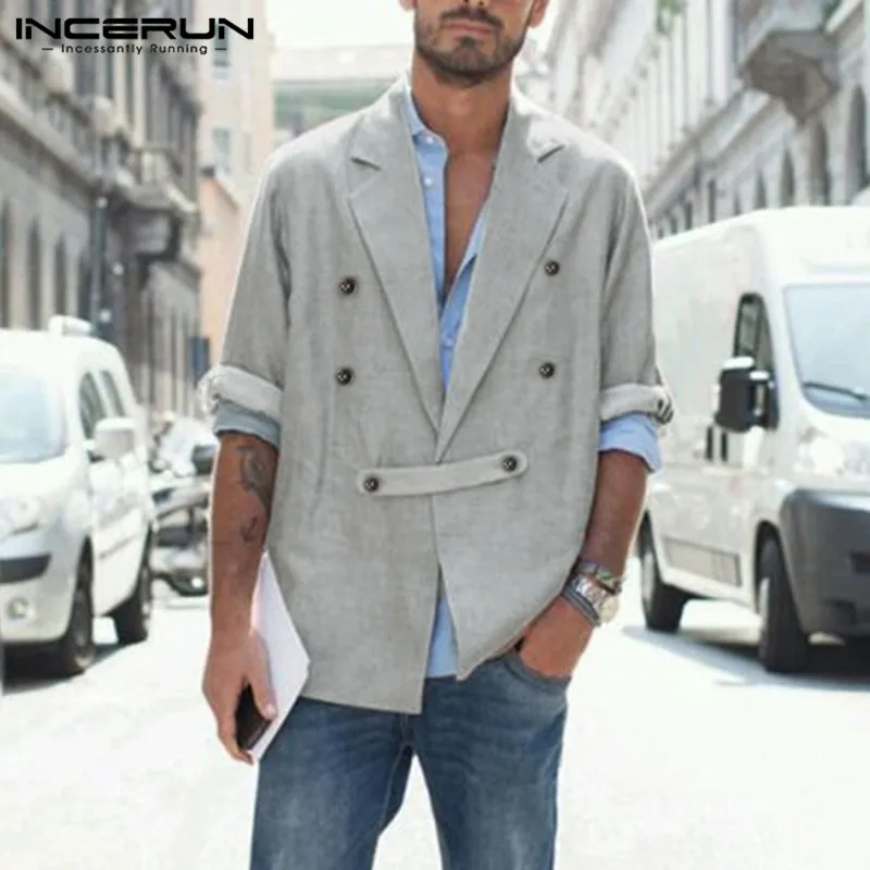

INCERUN Men Vintage Solid Color Blazer Lapel Collar Suit Fashion Long Sleeve Outwear Man Double Breasted Button Coats Streetwear