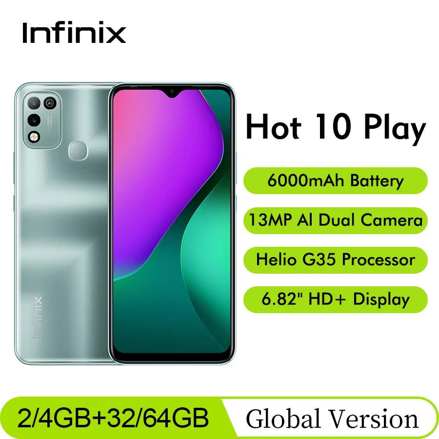 

Global Version Infinix Hot 10 Play 6.82'' HD+ Display Smartphone 2/4GB 32/64GBHelio G25 13MP AI Dual Rear Camera Moblie Phone