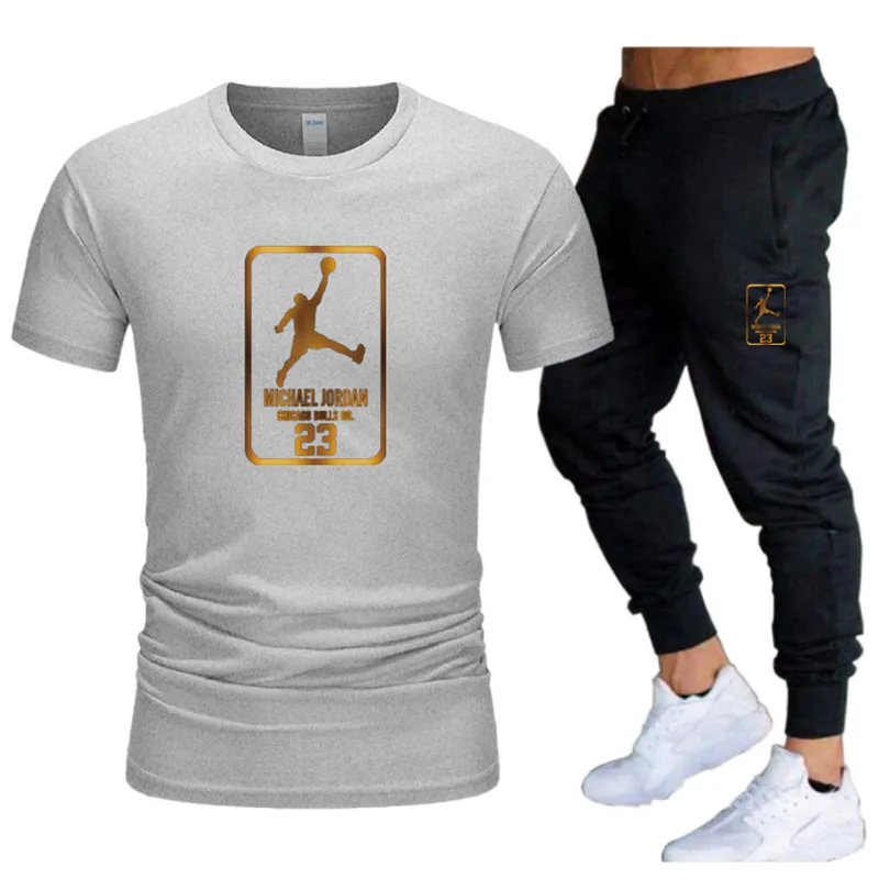 

2021 Hot Brand Sportswear Men's Sets Cotton Quick Drying Gyms Fitness Jogging Suit T shirts + Trousers 2pcs Running Sets Men's
