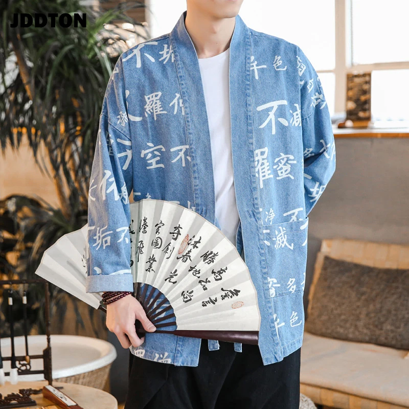 JDDTON весеннее льняное кимоно для мужчин модный Свободный кардиган с надписью