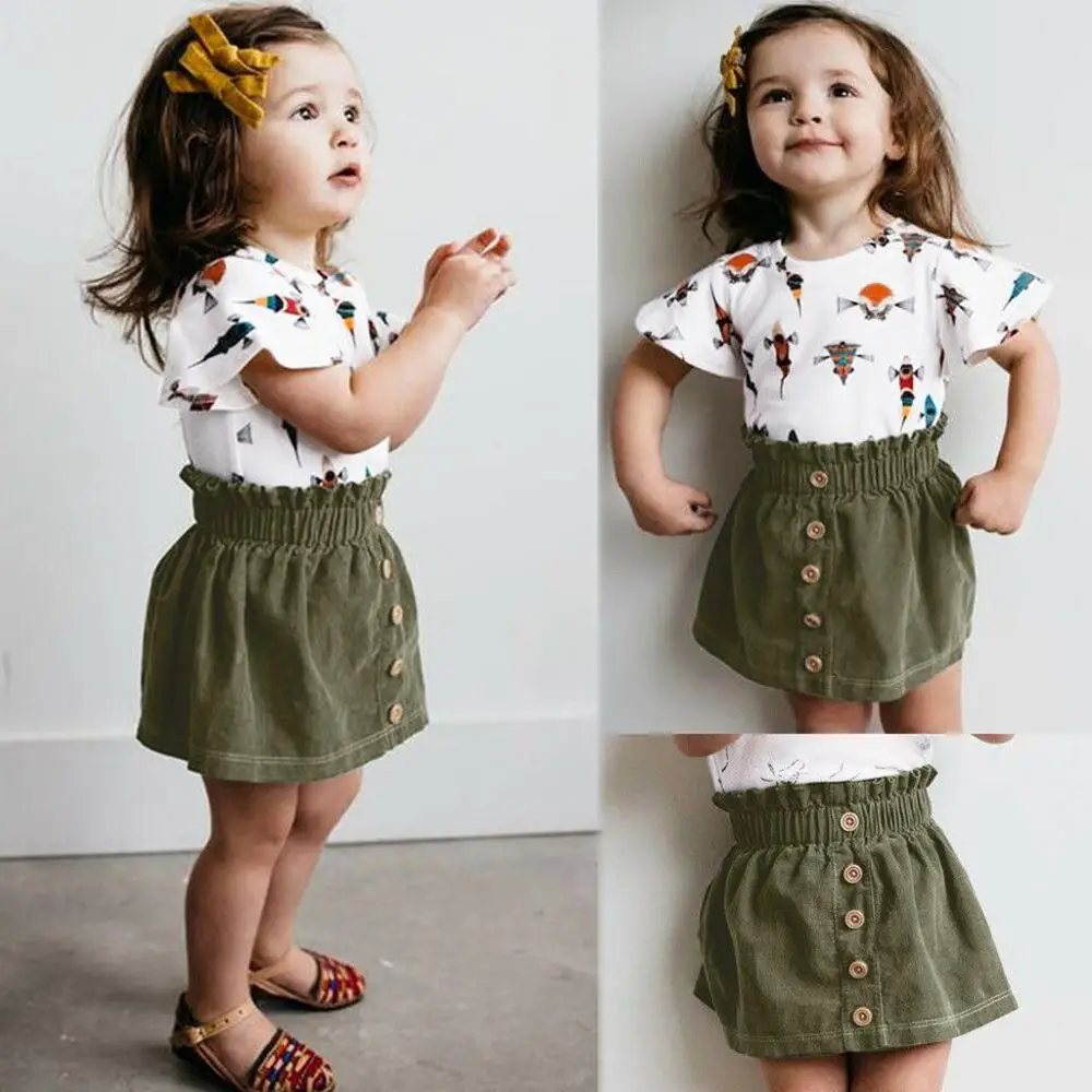 

Cute Baby Girl Clothes Toddler Baby Girls Short Sleeve Cartoon Printed T-Shirt Tops+Solid Skirts Outfits Summer Outfits Clothes