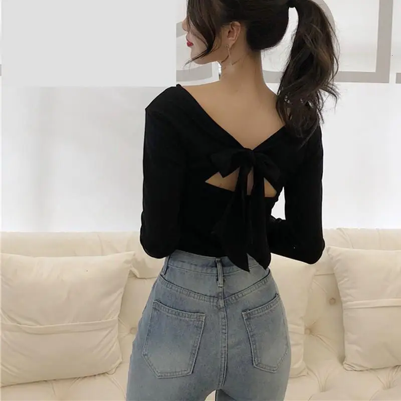 2019 Весенняя НОВАЯ тонкая шикарная футболка с открытой спиной топ Femme Herfst v