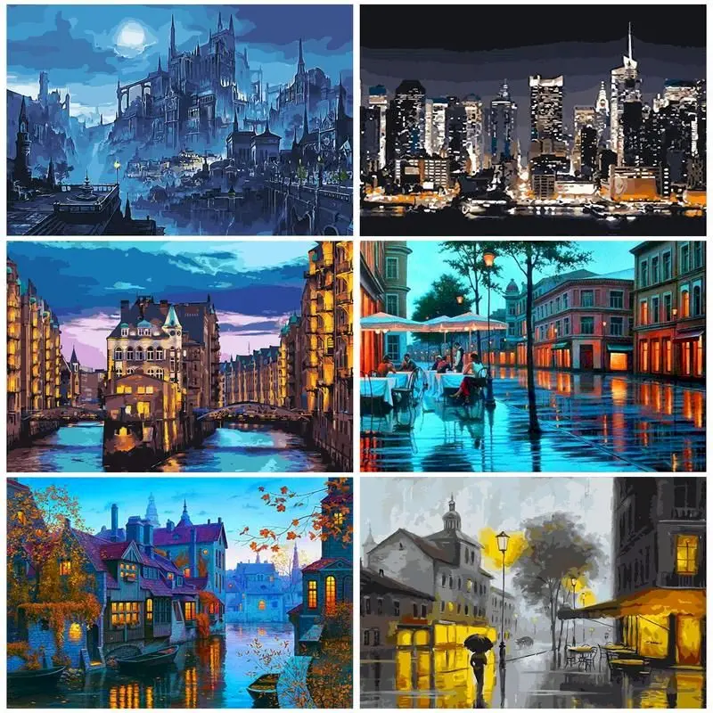 

City DIY Oil Painting By Number Colour HandPainted Landscape On Canvas Picture By Number Set Adults Kit Decoration Gift Wall Art