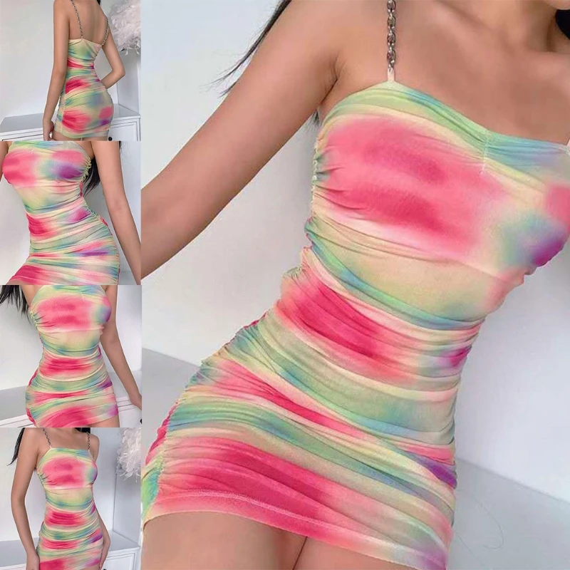 

Women Sexy Metal Chain Spaghetti Strap Ruched Rainbow Colored Bodycon Mini Dress