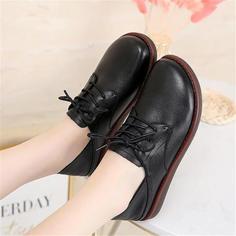 

New 2020 Spring Lace-up Top Soft Top Cowhide Leather Shoes Elegant Comfort Non-slip Wear-resistant Women Casual Shoes Flat Shoes