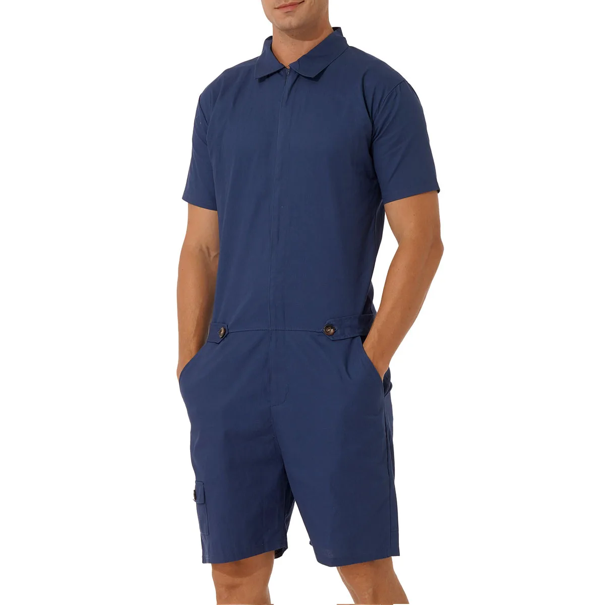 Mens Rompers Jumpsuits Cotton Button Down Short Sleeve One Piece Drawstring Shorts Coverall Tracksuits with Pockets