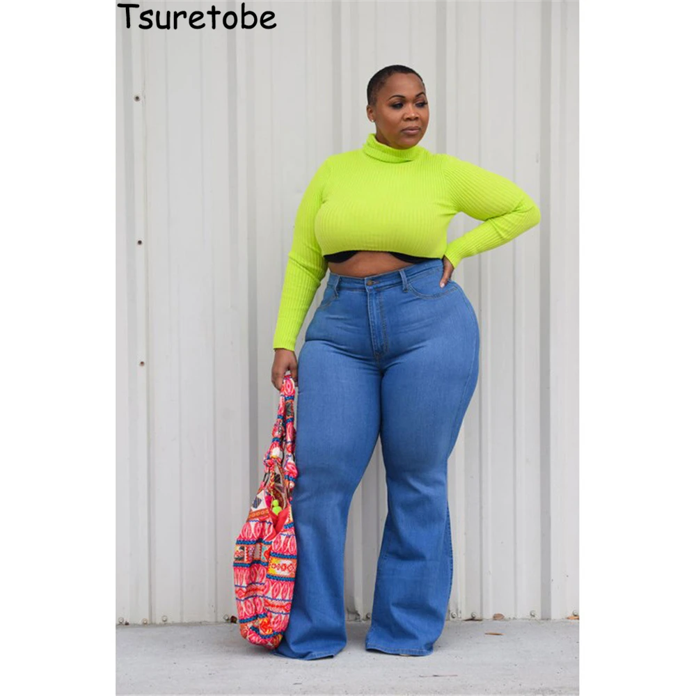 

Tsuretobe Plus Size Jeans For Women Mom Jeans High Waist Flare Jeans Vintage Bell Bottom Jeans XL-5XL Summer Clothes For Women