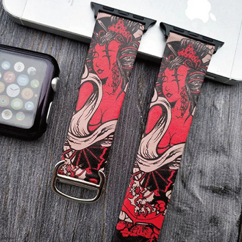 Хип-хоп натуральная кожа ремешок для Apple watch 38 мм 40 мм 42 мм 44 мм Ван Гог арт браслет с принтом ремешок для iwatch серии 5 4 3 2 - Цвет ремешка: D