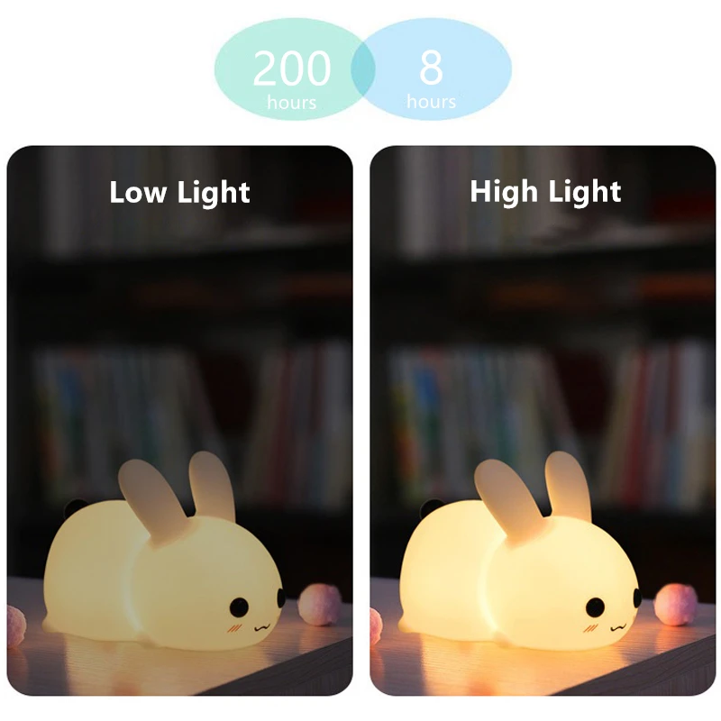 

USB Rechargeable Animal Rabbit Silicone Soft Cartoon Baby Lamp For Children Gift 2021 Cute Rabbit LED Night Light
