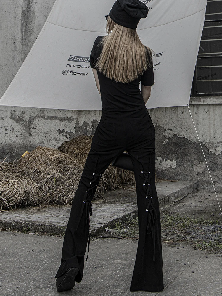 

[EAM] High Waist Black Hem Slit Long Casual Flare Trousers New Loose Fit Pants Women Fashion Tide Spring Summer 2021 1DE1541