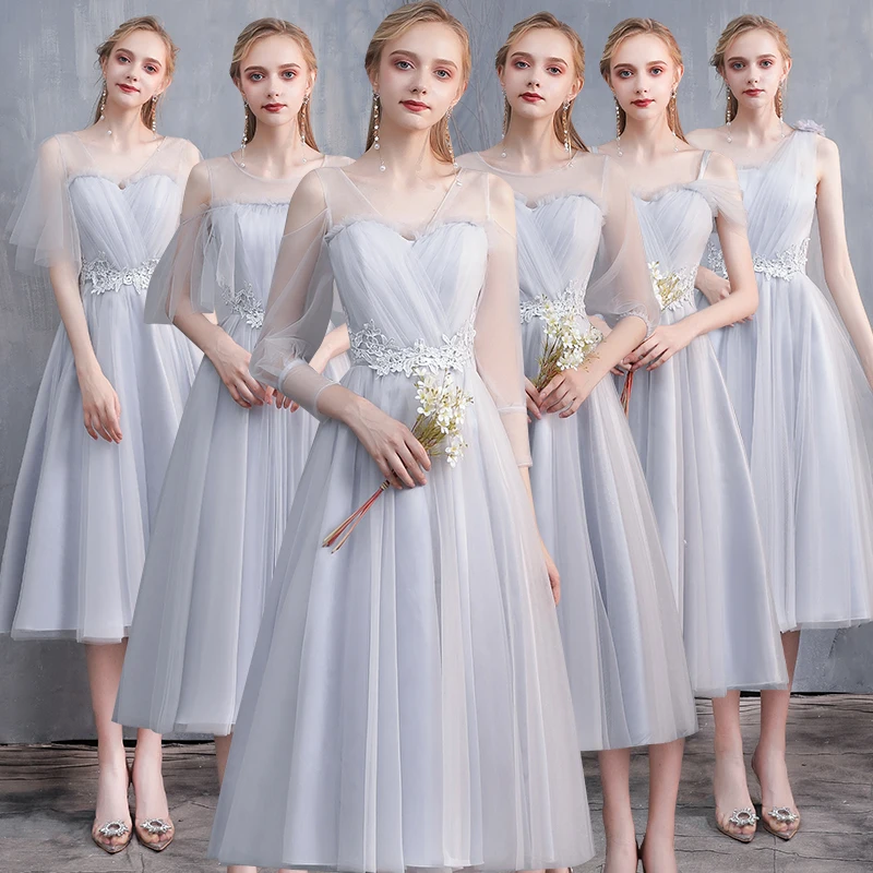 

Новое серое платье подружки невесты средней длины 2021 короткое Тюлевое сексуальное платье для гостей свадьбы кружевное вечернее платье веч...