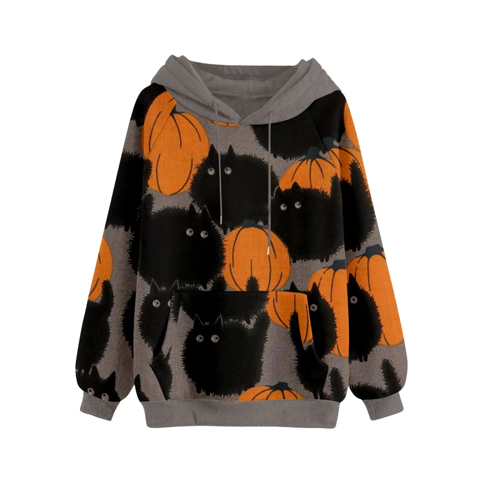 

Women Halloween Tshirt Furtive Cat Print Hooded Long Sleeve T-shirts Harajuku Drawstring Sweatshirts With Pocket Women Clothing