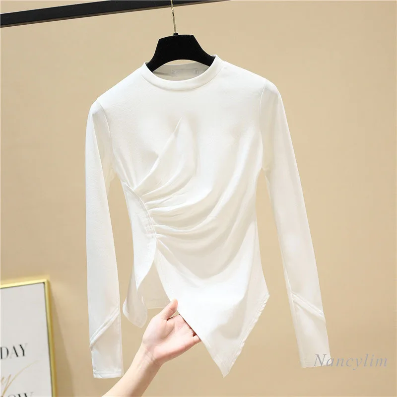 

Long Sleeve Solid Color T-shirt for Women Round Neck Basic Shirts Inner Wear 2021 Spring Female All-Matching Tight Irregular Top