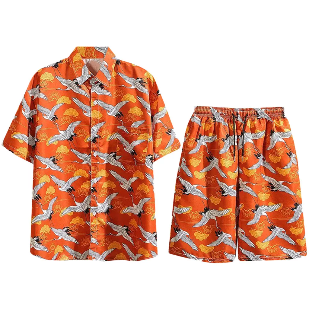 

JAYCOSIN Men's Summer Fashion Print Short Sleeve Shorts Set Button Turn-down Collar Shirt Set Pocket Vocation Suits Plus Size