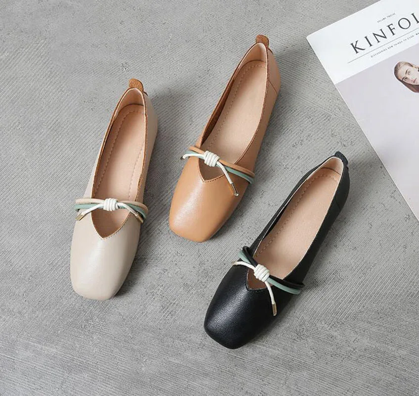 

Large size Summer/Spring Ballet Shoes Lady Flat Heel Shoes Bowknot Pu Leather Soft Sole Women Flats Black Square Head Boat Shoes