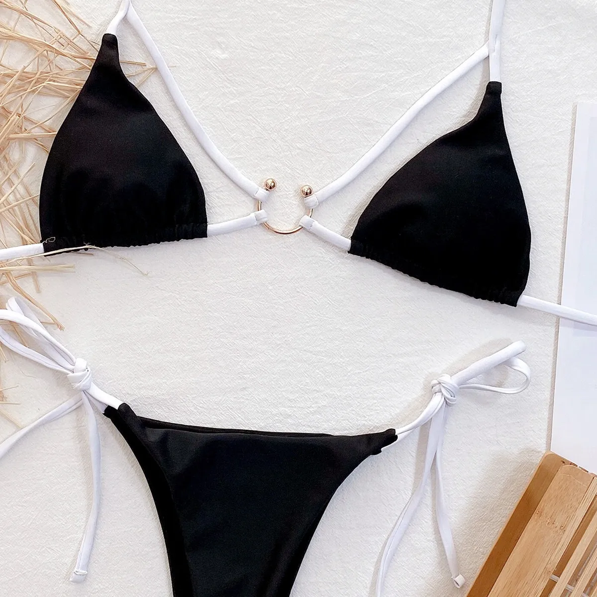 

Sexy String Triangle Thong Micro Bikinis 2021 Woman Push Up Swimsuit Swim Wear Circle Decorate Black Brazilian Biquinis Feminino
