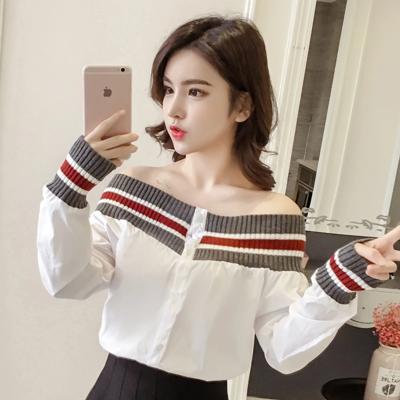 Женская хлопковая рубашка в полоску с рукавами-фонариками |