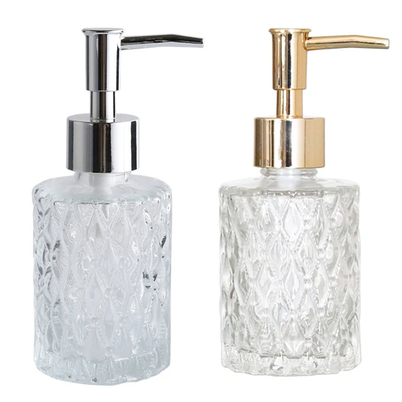 

E7CF 160ml Glass Hand Soap Dispenser with Press Pump Clear Diamond Design Refillable Lotion Liquid Refillable Empty Bottle