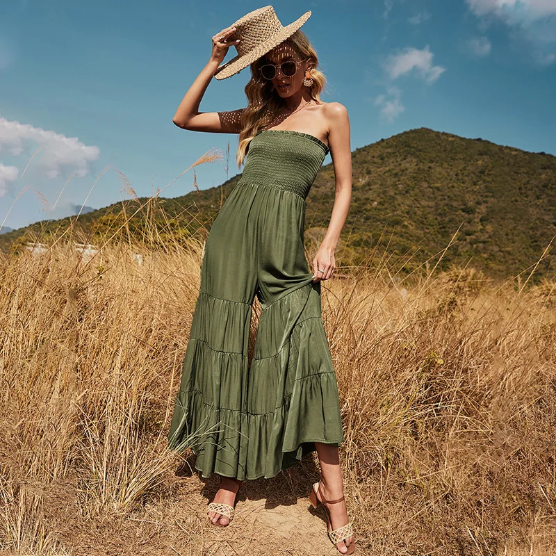 Summer Swimwear Cover Up Women Loose Casual Plus Size Beach Jumpsuit Coverups Pants Female Tunic Swimsuit Kaftan Praia Green