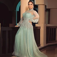 light green elegant exquisite women dress see thru applique a line floor length tulle evening dress prom dress custom made