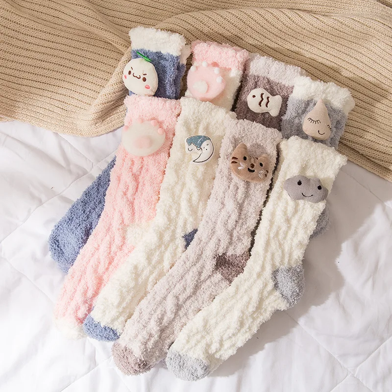 

Женские носки из кораллового флиса, Мультяшные женские носки, хлопковые утепленные плотные модные носки для осени и зимы, милые носки для до...