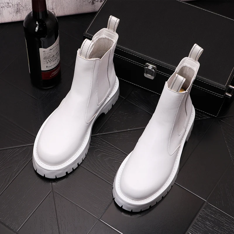 italian brand designer men's leisure chelsea boots black white platform shoes genuine leather boot cowboy short botas masculinas