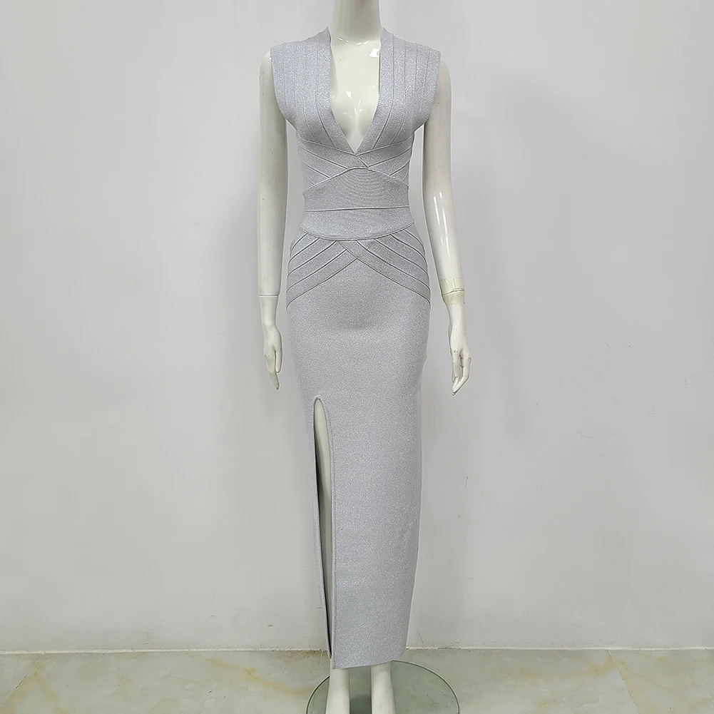 

New Fashion Women Designer Gray Midi Sleeveless Bodycon Bandage Dress