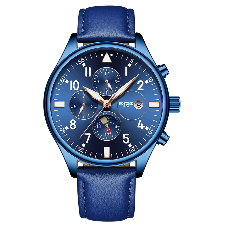 

BOYZHE Brand Blue Male Mechanical Watches Multifunction Moon Phase Date Leather strap Sport Automatic Men Wristwatches Relogio