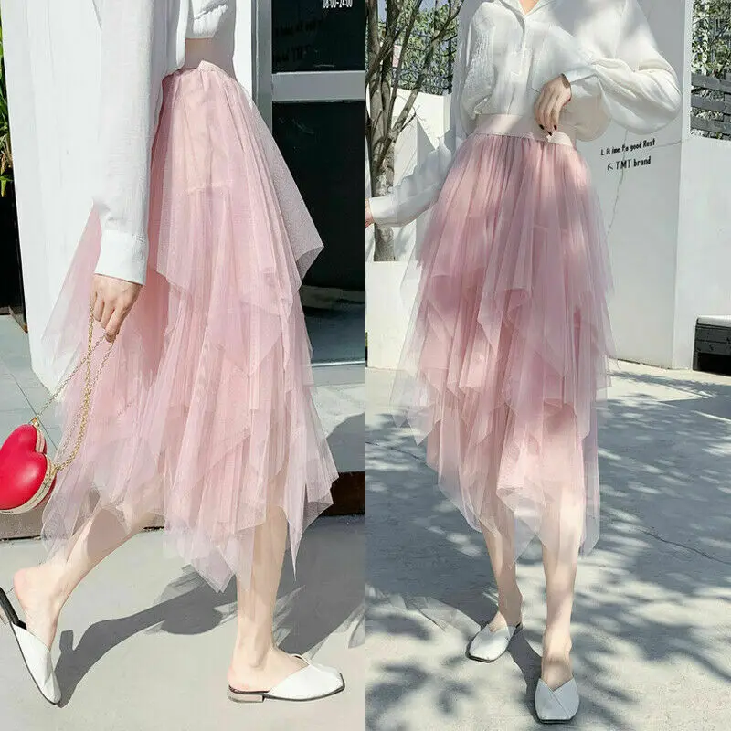 

Brand New Women's Tulle Skirt Elastic High Waist Underskirt Ballet Irregular Pleated Maxi Skirt Sheer Tutu Tulle Skirts
