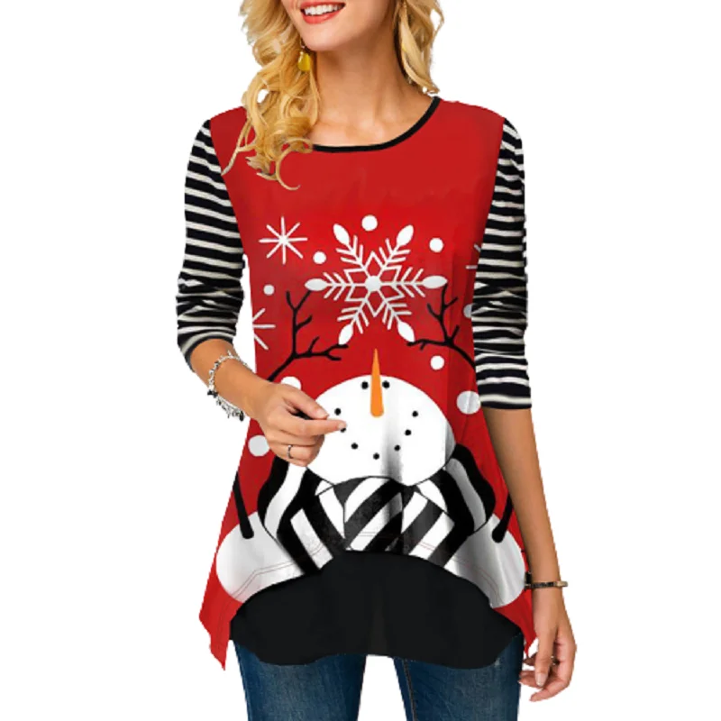 

Женские топы с длинным рукавом и принтом снежинок, повседневная Рождественская футболка в полоску в стиле пэчворк, новые футболки с имитацией двух предметов, 2021