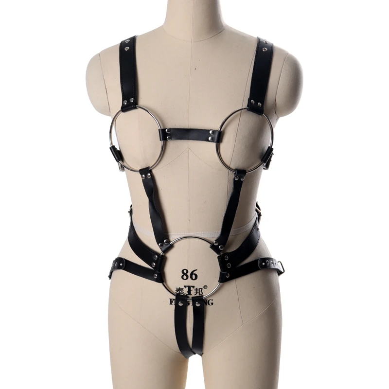 

Sexy Leather Harness Body Bondage Cage Set Cupless Bra Stocking Belts Underwear Women's Gothic Garter Female Punk Metal Clothing
