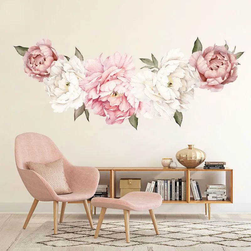 

2021 Beautiful Pink Peony Flowers Wall Stickers for Kids Room Living Room Bedroom Home Decoration Wall Decal Home Decor FX64096