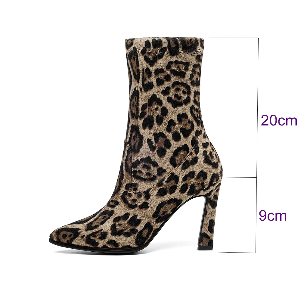 Женские сапоги-носки Ботильоны на высоком каблуке с леопардовым принтом модные