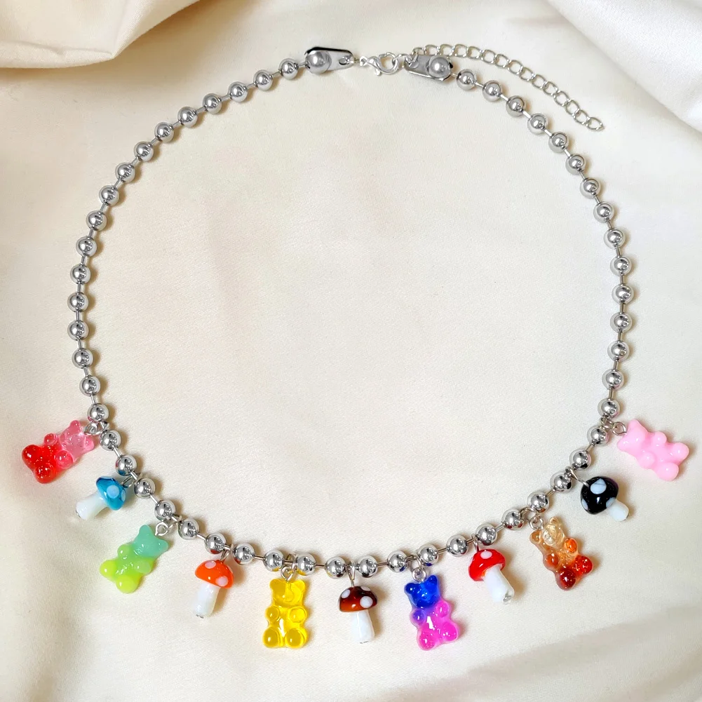 

Boho Candy Gummy Mini Bear Beaded Necklace For Women Stainless Steel Bead Chain Ball Necklace Mushroom Choker Y2K Party Jewelry