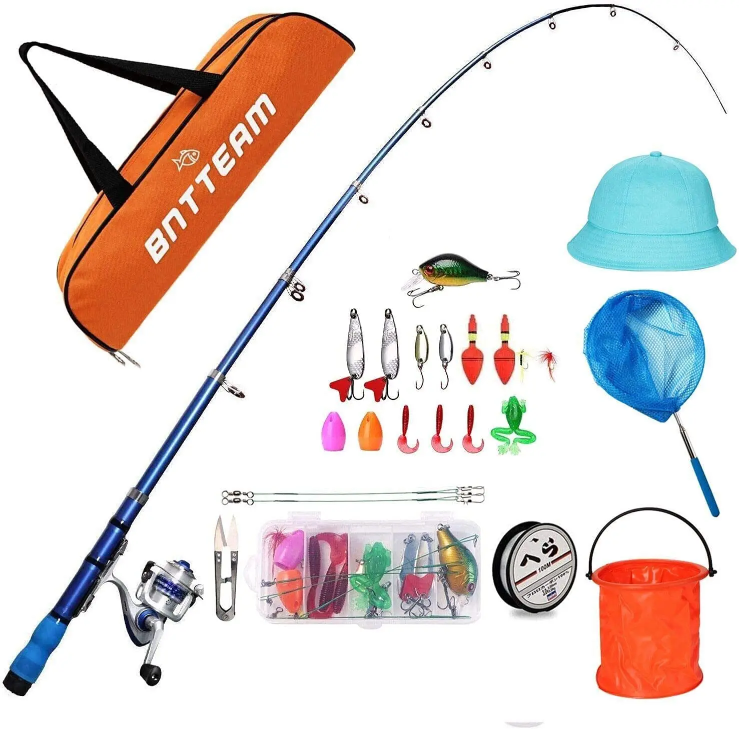 

BNTTEAM Mini Spinning Reel Rod Combos With Telescopic Fishing Rod Reel Lures Hat Folding Bucket Net Line Set for Kids/Beginners