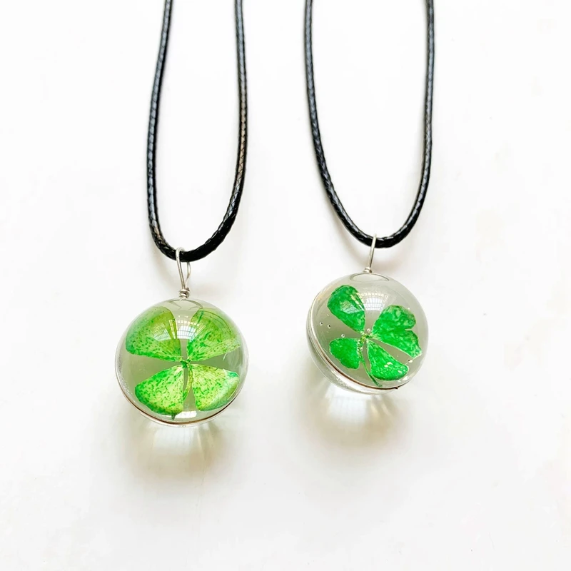 Ожерелье зеленый счастливый четырехлистный клевер сушеные подвески Из Черного