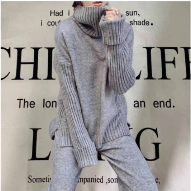 

Vintage 2020 Ladies Loose sweater suit wide leg pants brand famous Women knitwear two-piece Set D476