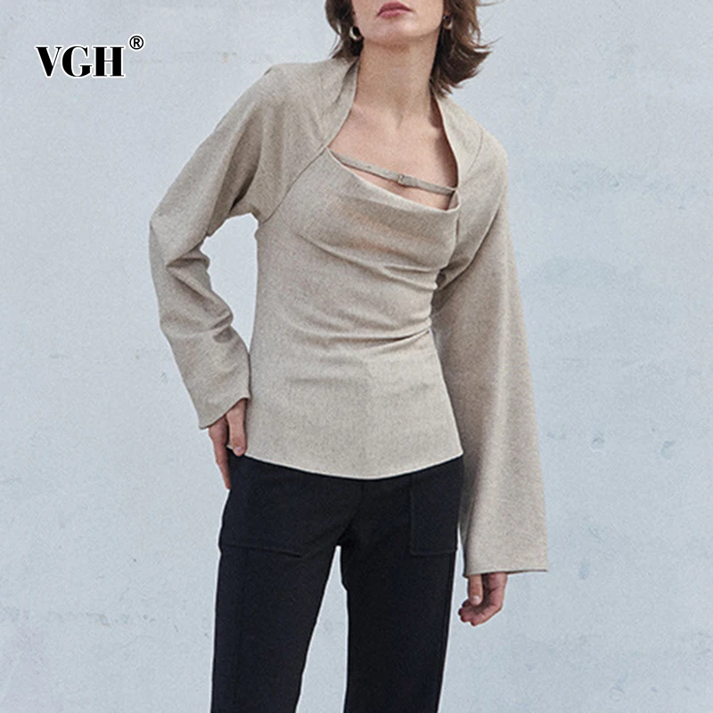 

Женская футболка с квадратным воротником VGH, однотонная Повседневная облегающая футболка с длинным рукавом, осень 2021