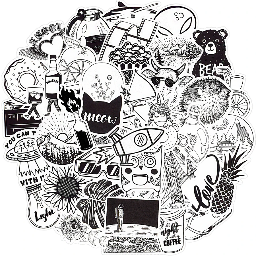 Paquete de pegatinas para ni&ntilde;os, pegatinas impermeables de dibujos animados, grafiti, blanco y negro, para ordenador port&aacute;til, monopat&iacute;n, casco, guitarra, bicicleta y coche-1