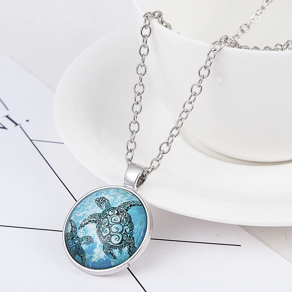 

Deep Blue Sea Turtle Glass Dome Necklace Chain Pendant Statement Necklace Long Pendant Necklace Christmas Gift Wholesale
